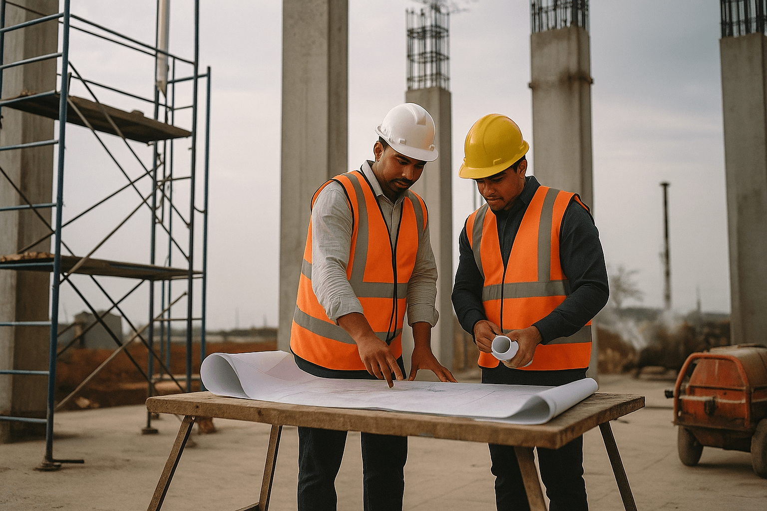 Contractor and engineer reviewing blueprints