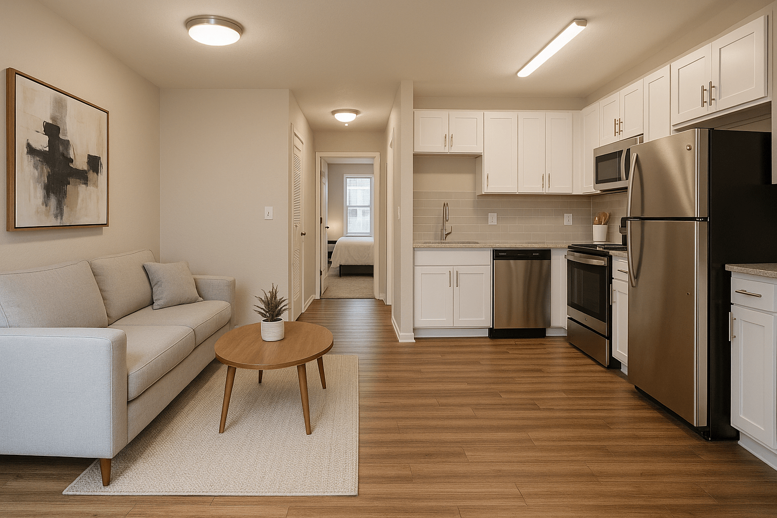 Renovated apartment space with new amenities
